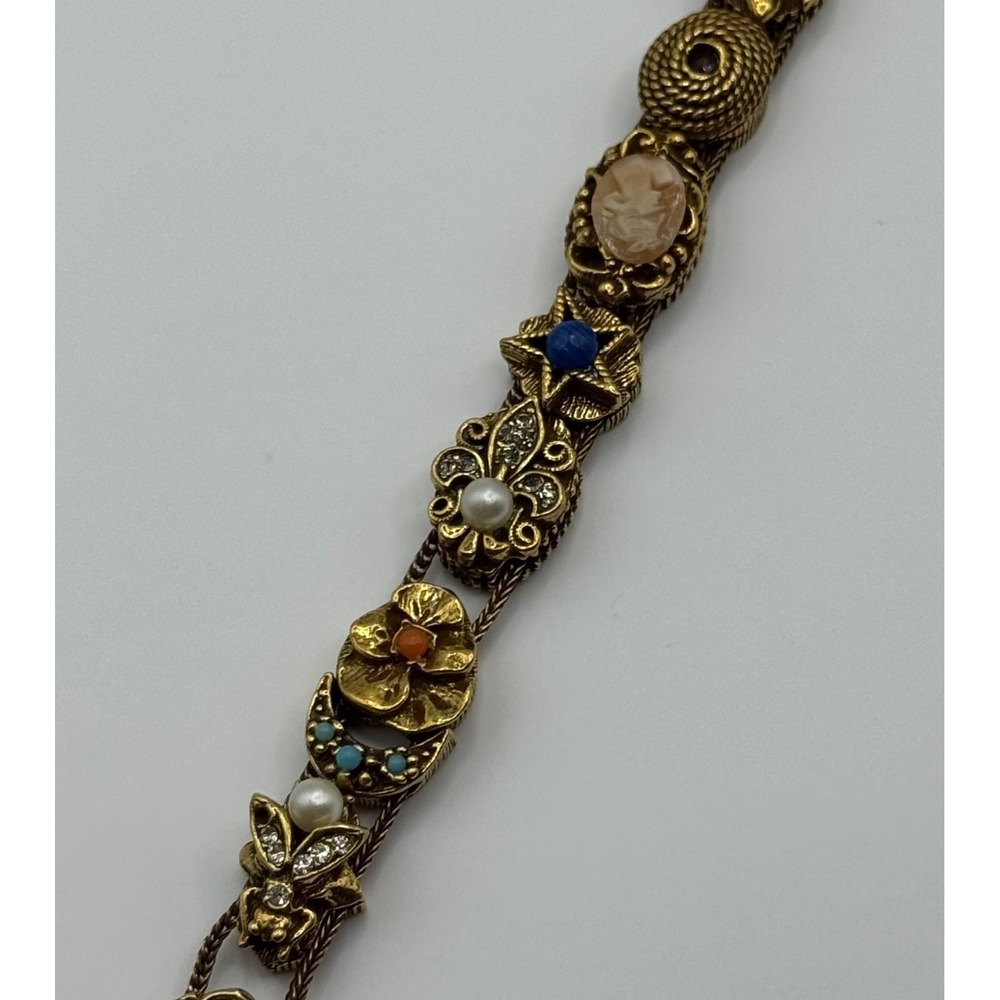 Vintage Goldette Slide Bracelet Victorian Revival Cameo Rhinestone Gold Tone